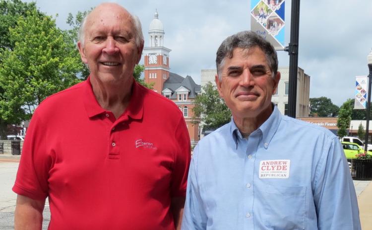 Athens businessman Andrew Clyde (right) – the Republican candidate for Georgia’s Ninth Congressional District seat – visited Elberton in late June and toured the downtown area with Elberton Mayor Larry Guest. 