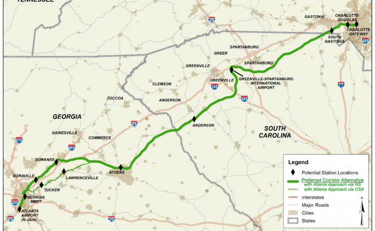 Long-range planners have released potential routes for a high-speed rail line between Atlanta and Charlotte.