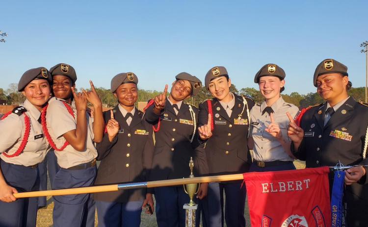 One of the Elbert County Comprehensive High School JROTC female armed squads brought home a state championship after the state drill team meet in Griffin March 25. Squad members include (L-R) Natasha DeLeon, Ke’Miyah Teasley, Chrisiya Harris, De’Asia Kinsey, Jolette Medina-Galvan, Jaelyn Massey and Kaleigha Montgomery.