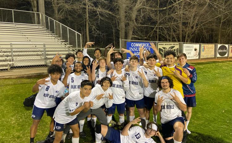 The Devils soccer team secured second place in Region 8A-D1 after defeating Commerce 8-4 in overtime on the road Feb. 28.