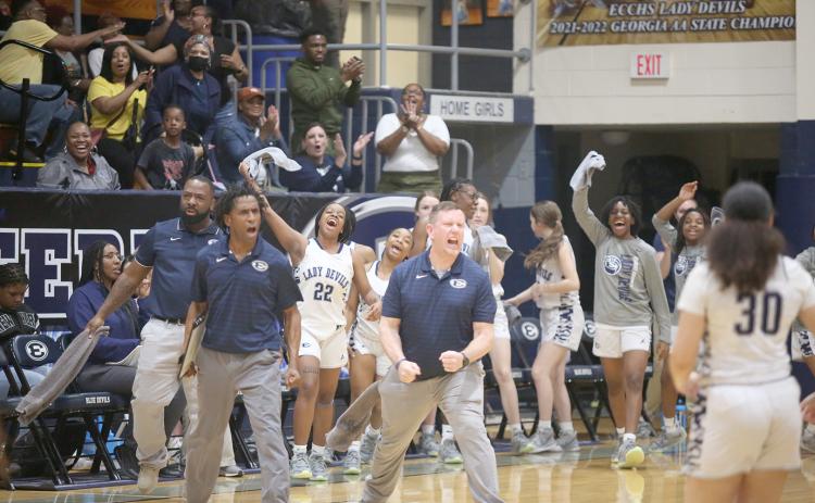 Coaches (L-R) James Allen, Donald Bolton and Josh Jones and the Lady Devils’ bench reacts during the Sweet Sixteen round of the GHSA state playoffs against Mt. Pisgah in the Inferno Feb. 24. (Photo by Scoggins)