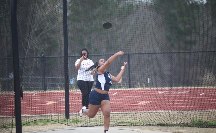 Lady Devil track and field member Marika Glaze competed in the team’s first home meet Thursday, March 9. (Photo by Wells)