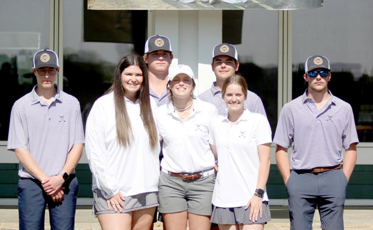 Golf seniors (front row, L-R) Jake Harper, Ava Dye, Abby Bryant, Emalise Andrews and Alex Dunbrack and (back row, L-R) Brady Starrett and Thomas Brady were honored during senior night March 30. (Photo by Wells) 