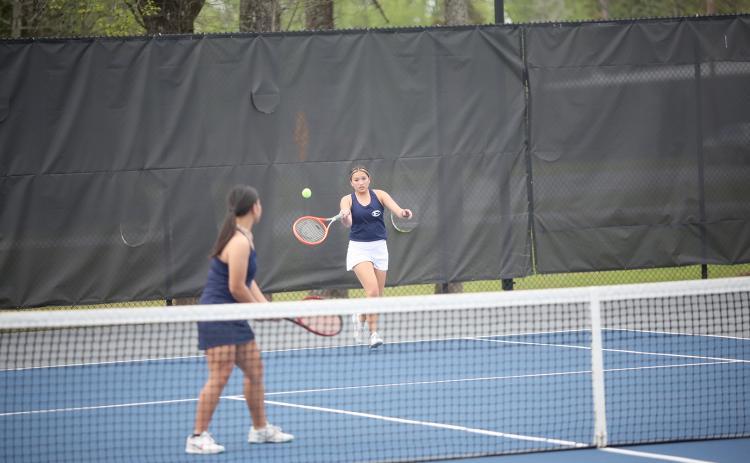 Lady Devil doubles partners Myla Warwick  (back) and Katie Nguyen (front) helped lead Elbert’s girls to securing the No. 3 seed heading into the Region 8A-D1 tournament. (Photo by Wells) 
