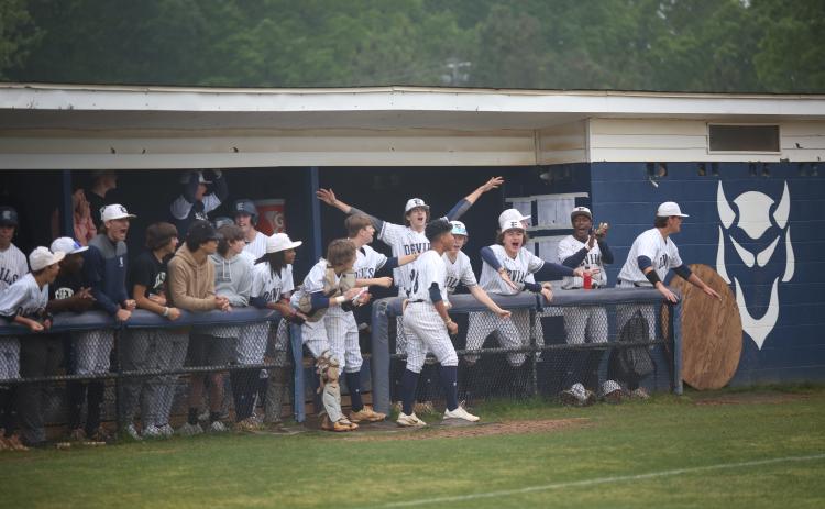 The Elbert dugout reacts as Lawson Adams steals home to score the Devils’ second run in the first game of their doubleheader against Trion April 27. Elbert won the first game 4-0 and the second game 11-2 to advance to the second round of the playoffs where they will face Social Circle May 4.  (Photo by Wells)