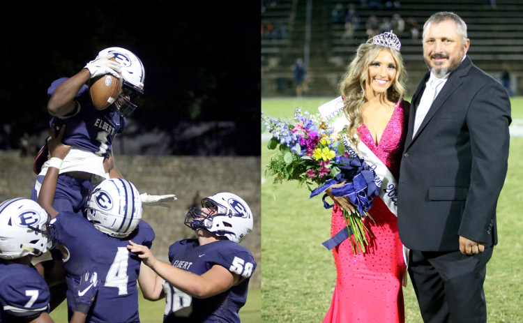 Left, Jayvyn Hickman (No. 4) lifts Ty’Rikis Jones (No. 1) into the air as Lucas Alcalde (No. 58) and D.K. Winn (No. 7) look on. Above, Gracie Brady poses with her father Jason Brady after being crowned homecoming queen. (Photos by Wells)