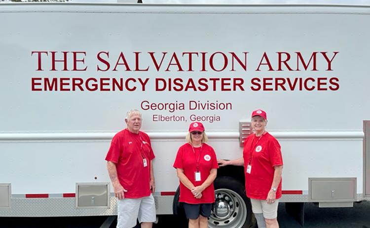 The Elberton Salvartion Army Emergency Disaster Services team is lending helping hands in Valdosta following damages due to Hurricane Idalia. Team member PJo Phelps said the group is helping to feed 600 to 700 people a day as the city experienced “a lot of destruction and power outage.” Pictured helping in Valdosta are (L-R) Joe Johnson, Phelps and Ann Hendrix. 