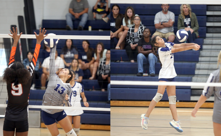 Left, Sophia Vargas leaps and spikes the ball during Elbert’s loss to Hart County Sept. 23. Right, Alexa Vargas bumps the ball over the net during the game against Hart. The Lady Rams finished in third place after falling to Hart in the second round. (Photos by Wells)
