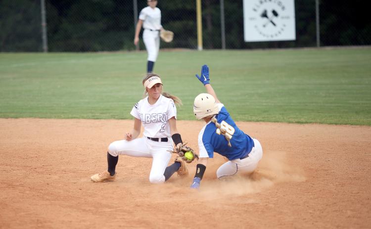 Lady Devil senior Gracie Brady slaps a tag on a Washington-Wilkes runner during Elbert County’s 5-1 win over the Lady Tigers Sept. 7. Brady finished the game going 1-for-2 at the plate with one RBI. The win over the Lady Tigers was Elbert’s sixth in a row and bumped Elbert to No. 7 in the Sept. 11 Coaches Box Georgia Class A Division 1 Coaches Poll. (Photo by Wells) 