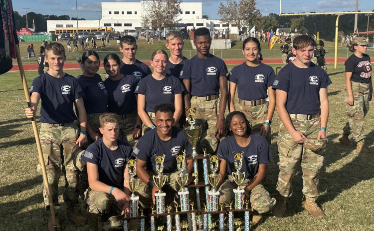 the Elbert County Raiders mixed team poses with trophies won during the State Raider Meet held in Griffin Oct. 28. Pictured are (front row, L-R) Wyatt Stelter, Jamaze Hall and Mekelliya Tukes; (back row, L-R) Tyson Haigood, Eva Garcia, Linda Garcia, Colton Mabry, Isabella Harpold, Tommy Beahringer, Brytravious Harper, Allison Medina and Josiah Harkins. (Photo submitted by Scott Harpold)