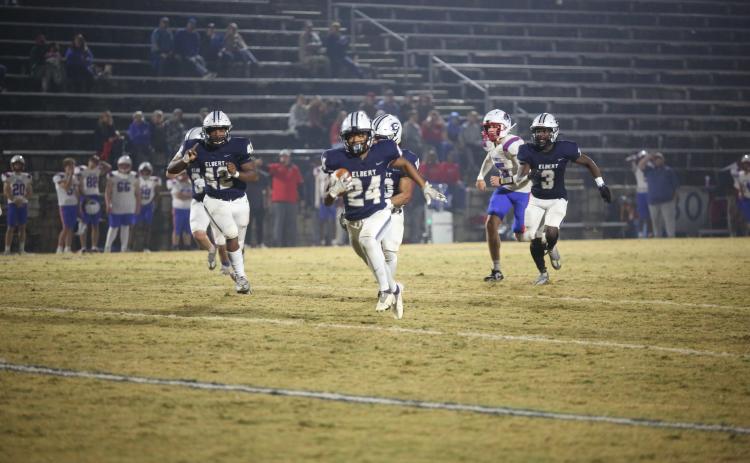 No. 24 Terrez Allen runs to the end zone after intercepting an Oglethorpe pass. Allen had a hand in  multiple turnovers as he finished the game with an interception return for touchdown and a fumble recovery. (Photo by Wells)