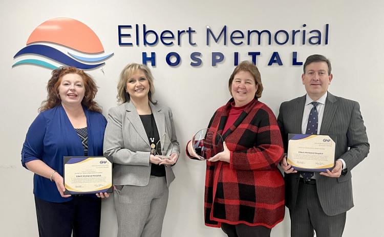 Pictured with Elbert Memorial Hospital's recent quality and patient safety awards are (L-R) Director of Compliance and Quality Kellie Smith, Chief Nursing Officer Tonya Chitwood, Chief Operating Officer Tammy Harlow and Chief Executive Officer Tyler Taylor. 