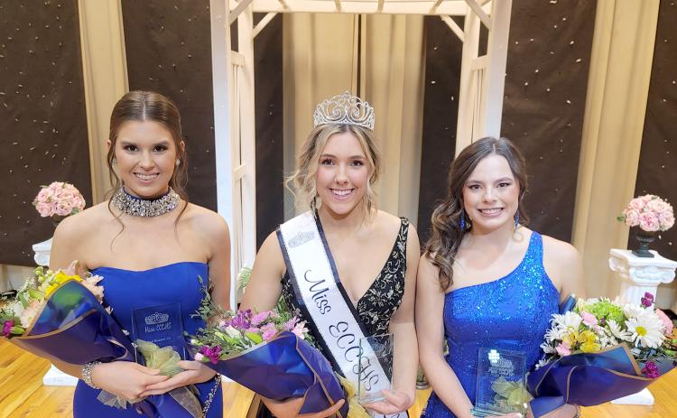 Elbert County Comprehensive High School senior Georgia Phillips (center) was crowned Miss ECCHS 2024 during the annual Miss ECCHS pageant Saturday, Feb. 3 in the Elbert County Middle School auditorium. Senior Cile Hall (right) was the first runner-up while freshman Lila Layne (left) was the second runner up. 