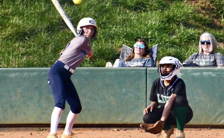 Lady Devil senior Gracie Brady waits on a pitch during Elbert’s scrimmage against Franklin County March 14. (Photo Courtesy of Elbert County True Blue)
