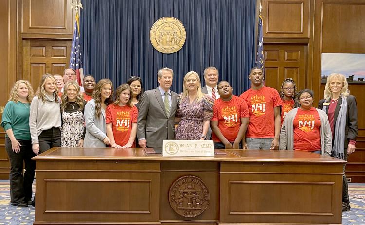 Pictured with Gov. Brian Kemp and First Lady Marty Kemp are (L-R) Chrystal Thomas, Chloe Robertson, Clay Guest, Greg Hall, Gracie Brady, Jaquarious Davis, Candance Burnette, Isabella Burton, Jerrie Floyd, Gov. Brian Kemp, First Lady Marty Kemp, Rep. Rob Leverett, Nicholas Fortson, Amarian Jones, Megan Allen, Caliya Bronner and FHF, Inc. President Sandy Adams.