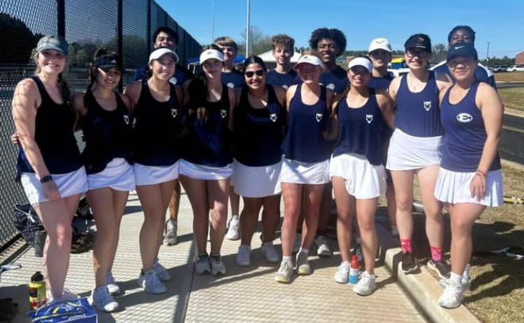 The Blue Devils and Lady Devils tennis team pose for a team picture prior to their March 14 match against Rabun County at Elbert County Middle School. The Lady Devils team features Jude Sanders, Katie Nguyen, Audrey Poon, Myla Warwick, Breanna Pulliam, Emma Ray, Gracie Kidd, Peyton Howell, Dessie Lee Santiago, Stephanie Cortez. The Devils team features Ty Johnson, Grant Owens, Landon Bowman, Bryan Bernal, Bryce Howe, Travis Allen and Jashon Jenkins. (Photo courtesy of Elbert County True Blue)